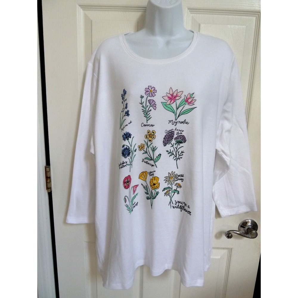 KIM ROGERS Plus Sz 2X Perfectly Soft 100% Cotton 3/4 Tee Top Flowers Nature